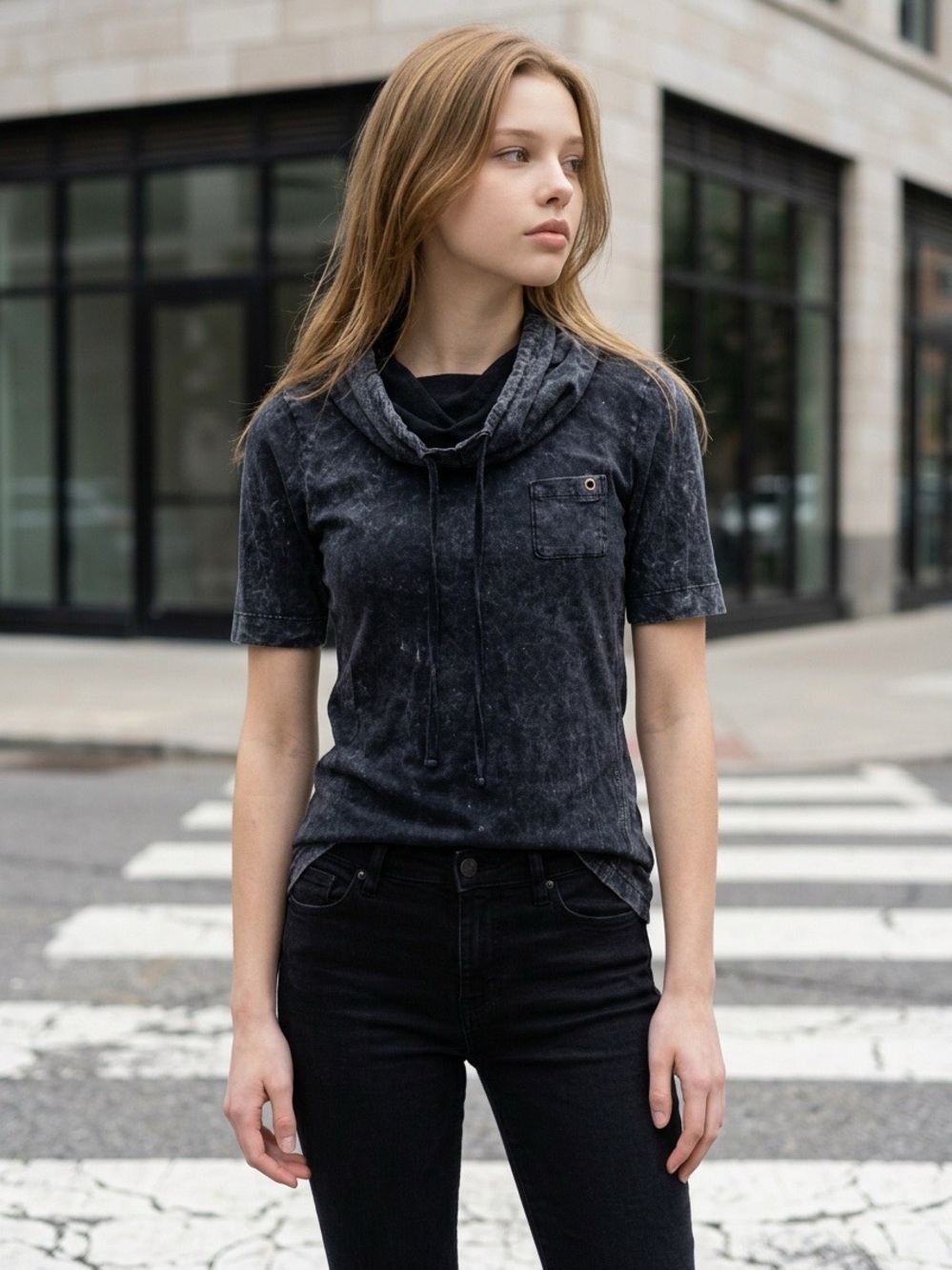 Tough Luv Clothing Stonewash Funnel Neck Short Sleeve Black Top Juniors Medium